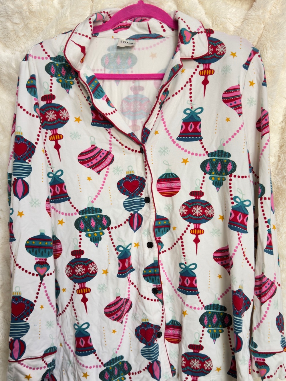 Soma White Pajama Top with Pink, Teal, Red and Blue Ornaments